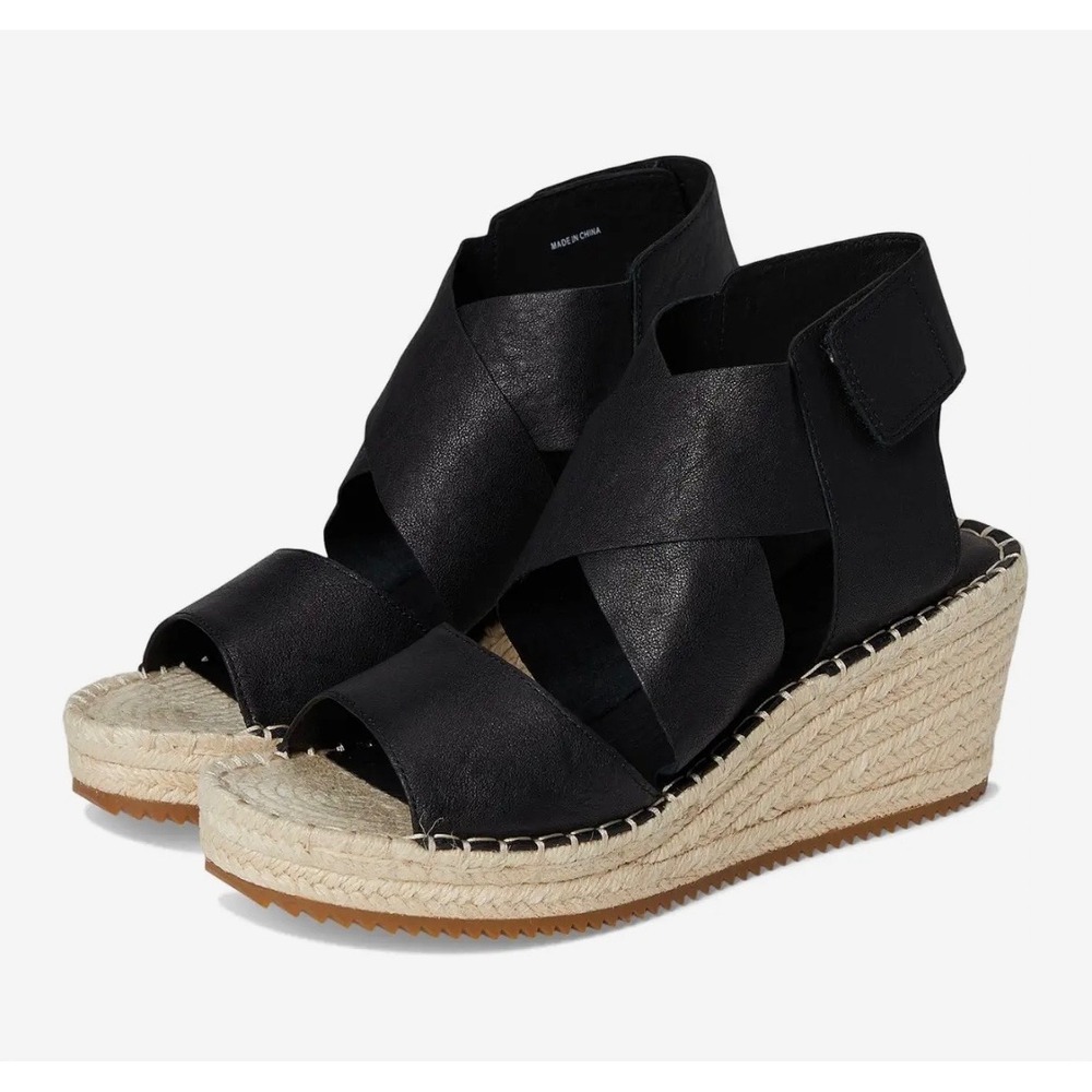 Eileen Fisher Black Leather Cross Strap Espadrille Wedge Sandals Size 8